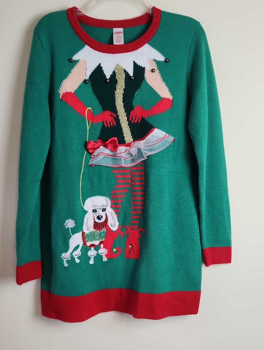 Ugly Sweater Dress Knit Christmas Holiday Time Green Red W Poodle Dog L Large